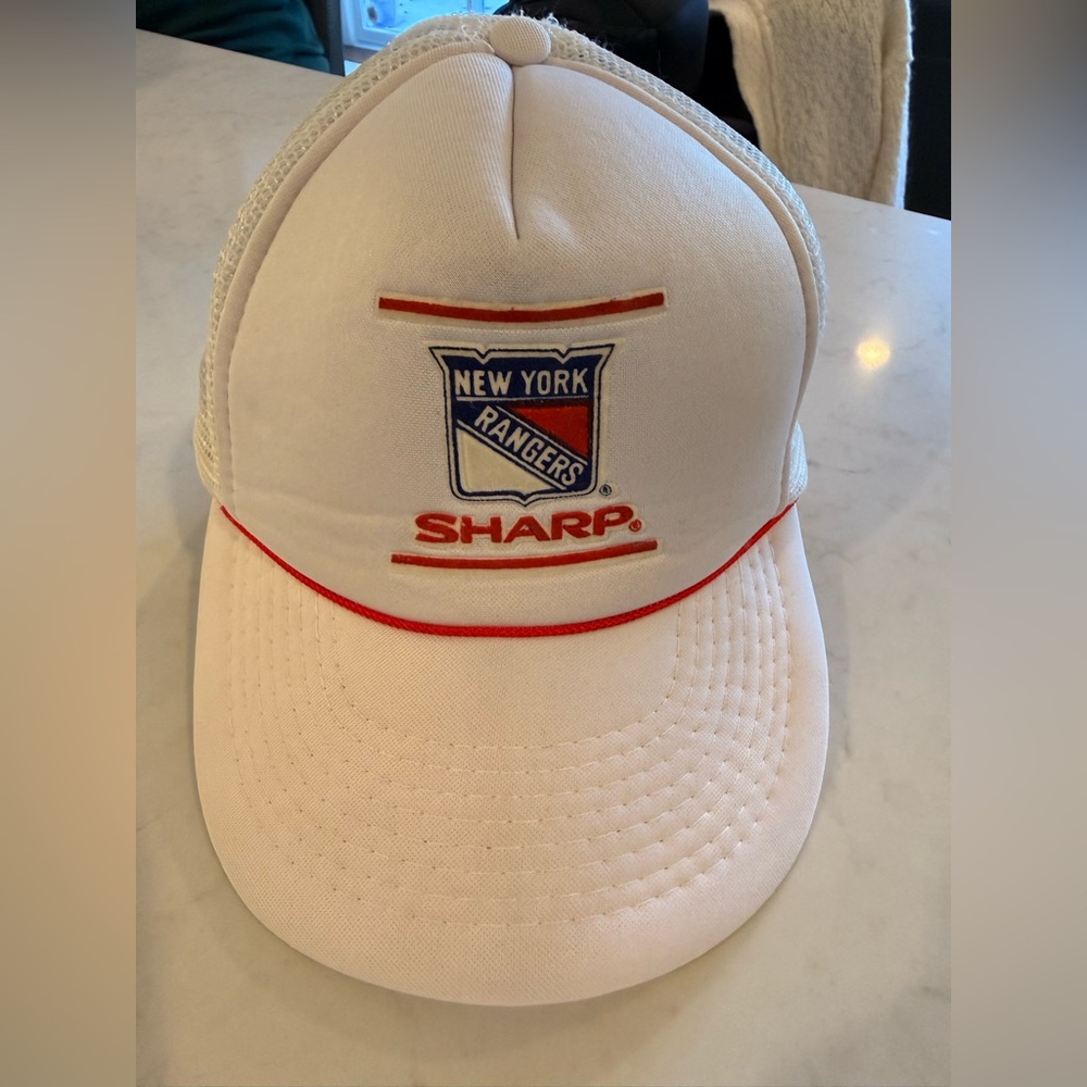 VINTAGE 1980s NY Rangers Sharp TV SGA MESH SNAP BACK HAT